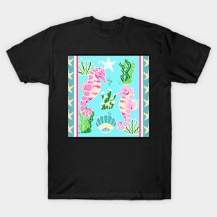 BEACH HOUSE PRINTS DECOR IDEAS AND MORE BLUE TEAL PINK SEAHORSE STARFISH SEAWEED STRIPES T-Shirt